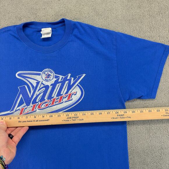 Natty Light Shirt Men's Medium Blue Short Sleeve Beer Shirt College Distressed - Picture 6 of 8